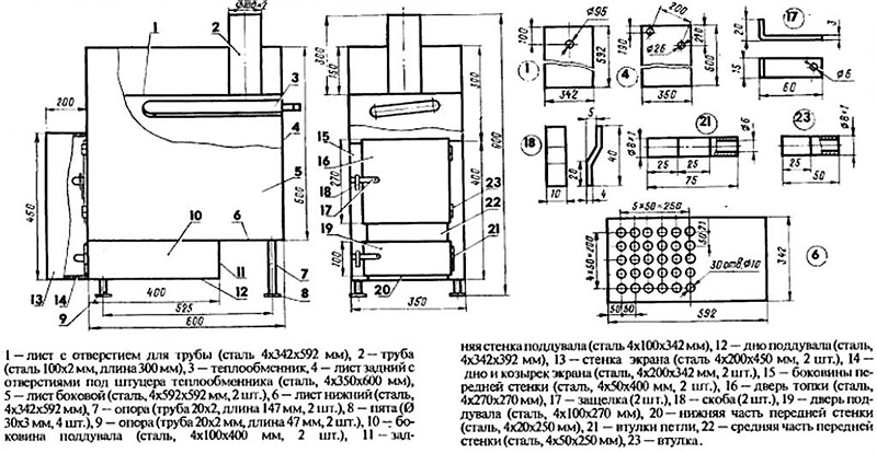 Чертеж комбинированной банной печи