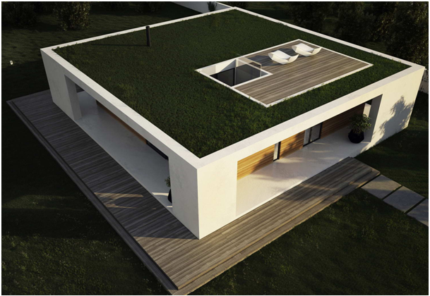 Плоская крыша загородного дома, застеленная газоном