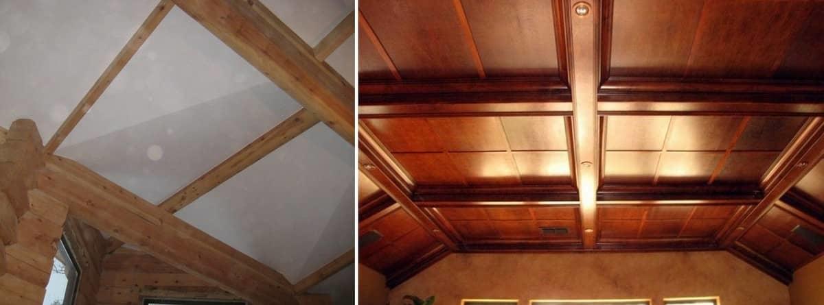 Оформляя потолок брусками, следует учитывать его высоту