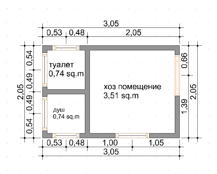 Планировка универсального хозблока. Данный хозблок имеет 3 помещения, которые могут использоваться как под санитарные нужды, так и для хранения инвентаря или парковой техники.