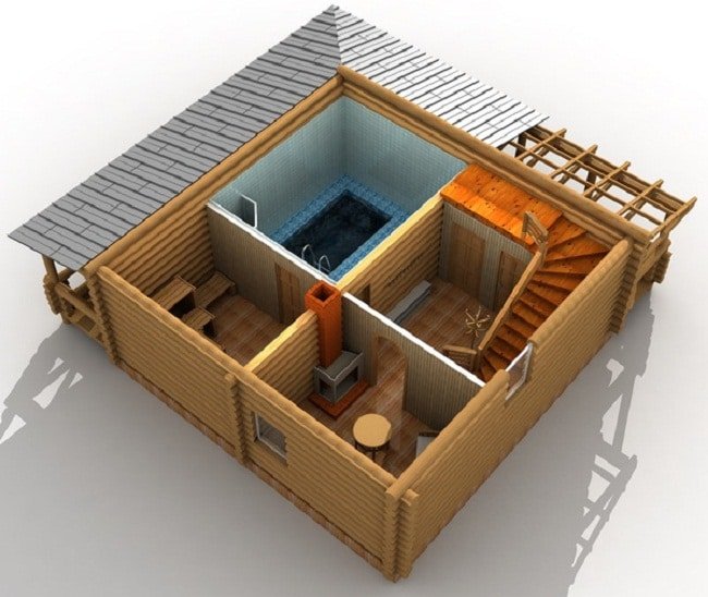 3Д модель бани на первом этаже 