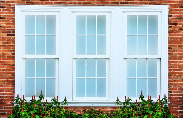 Урожай белый окно на красной кирпичной стене — стоковое изображение Урожай белый окно на красной кирпичной стене — стоковое фото