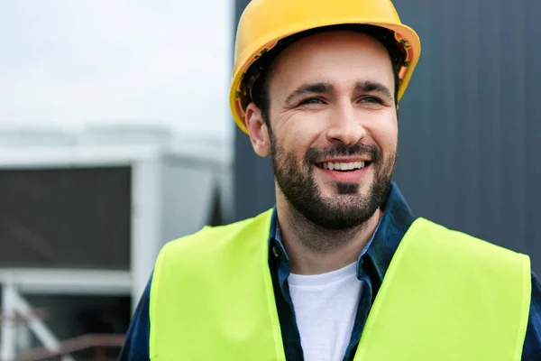 Portrait Cheerful Male Engineer Safety Vest Helmet — стоковое фото
