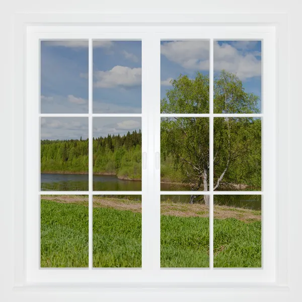 Летний пейзаж позади окна — стоковое фото