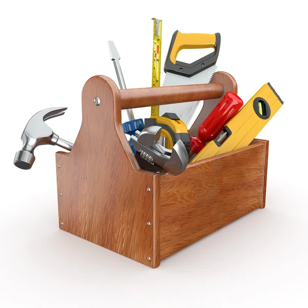 Ящик с инструментами. Skrewdriver, молоток, ножовка и ключ — стоковое фото