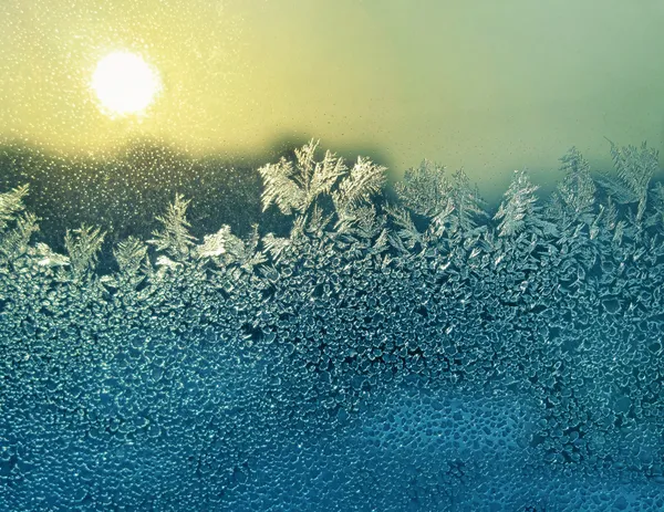 Ледяные образцы и солнце на зимнем стекле — стоковое фото