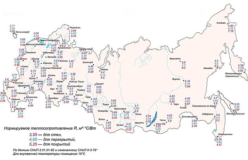 Карта-схема для определения расчетного значения сопротивления теплопередаче для региона проживания