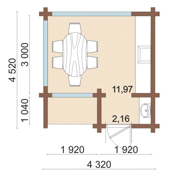 Расположение мебели и указание размеров стен